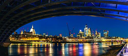 Night in London, View of St. Pauls Cathedral and Skyscrapers from under Blackfriars Bridge, River Thames, London, England, United Kingdom, Europe