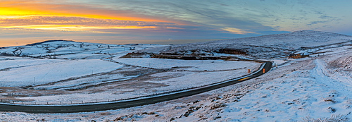 Panoramic view of frozen landscape near Macclesfield at sunset, High Peak, Cheshire, England, United Kingdom, Europe