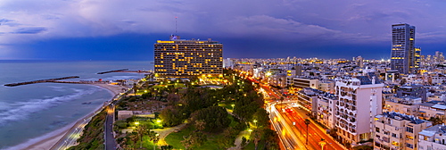 Elevated view of the beaches and hotels at dusk, Jaffa visible in the background, Tel Aviv, Israel, Middle East