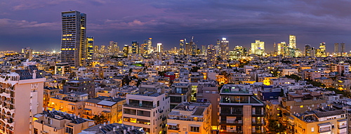 Elevated view of Tel Aviv skyline at dusk, Jaffa visible in the background, Tel Aviv, Israel, Middle East