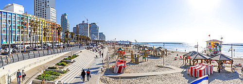 View of colourful buildings and promenade on Hayarkon Street, Tel Aviv, Israel, Middle East