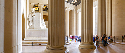 Panoramic view of visitors around the statue of Abraham Lincoln, Lincoln Memorial, Washington, D.C., United States of America, North America