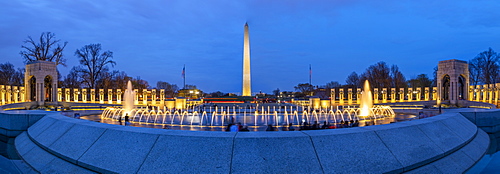 View of the Washington Memorial and World War Two Memorial illuminated at dusk, Washington, D.C., United States of America, North America