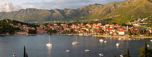 Panoramic view of town at sunset from elevated position, Cavtat on the Adriatic Sea, Cavtat, Dubronick Riviera, Croatia, Europe