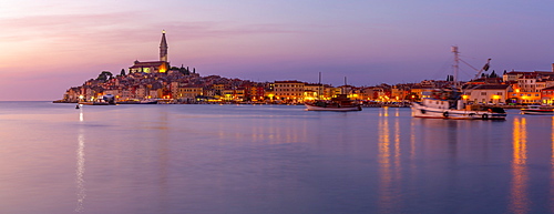 View of harbour and the old town with the Cathedral of St. Euphemia at dusk, Rovinj, Istria, Croatia, Adriatic, Europe