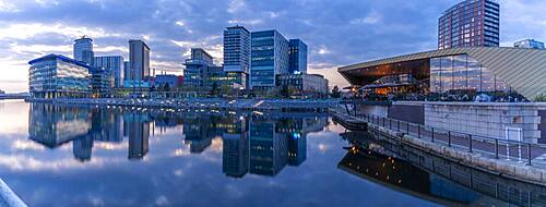 View of MediaCity UK and restaurant at dusk, Salford Quays, Manchester, England, United Kingdom, Europe