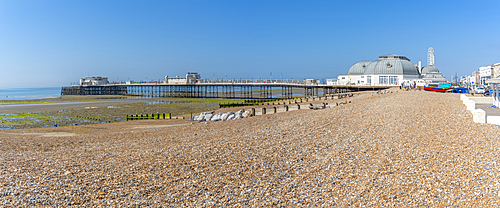 View of Worthing Pier and beach, Worthing, West Sussex, England, United Kingdom, Europe