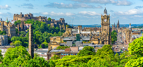 View of Castle, Balmoral Hotel and Princes Street from Calton Hill, Edinburgh, Scotland, United Kingdom, Europe