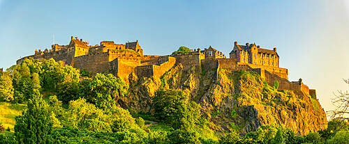 View of Edinburgh Castle from Princes Street at sunset, UNESCO World Heritage Site, Edinburgh, Scotland, United Kingdom, Europe