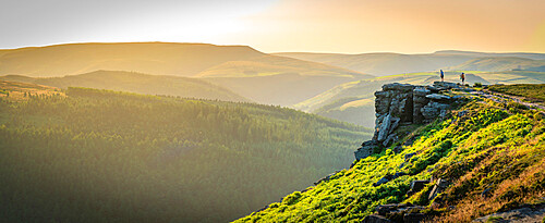 View of climbers on Bamford Edge at sunset, Bamford, Peak District National Park, Derbyshire, England, United Kingdom, Europe