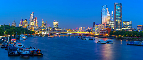 View of Blackfriars Bridge, River Thames and The City of London skyline at dusk, London, England, United Kingdom, Europe