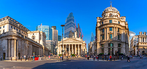 View of the Bank of England and Royal Exchange with The City of London backdrop, London, England, United Kingdom, Europe