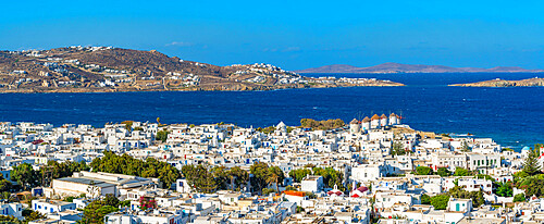 Elevated view of flour mills and town, Mykonos Town, Mykonos, Cyclades Islands, Greek Islands, Aegean Sea, Greece, Europe