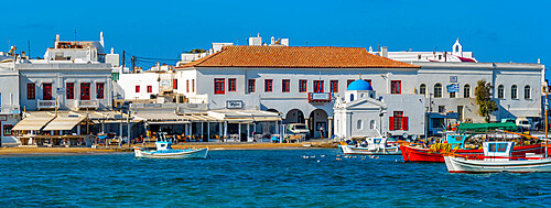 View of boats in harbour and Town Hall, Mykonos Town, Mykonos, Cyclades Islands, Greek Islands, Aegean Sea, Greece, Europe