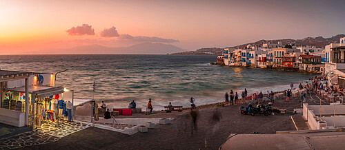 View of Little Venice in Mykonos Town at sunset, Mykonos, Cyclades Islands, Greek Islands, Aegean Sea, Greece, Europe