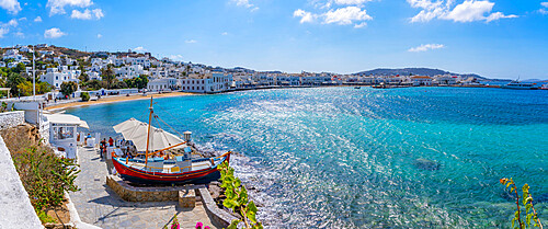 Elevated view of restaurant and town, Mykonos Town, Mykonos, Cyclades Islands, Greek Islands, Aegean Sea, Greece, Europe