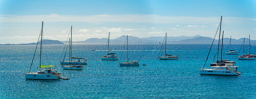 View of watersport, sailboats and Fuerteventura in background, Playa Blanca, Lanzarote, Canary Islands, Spain, Atlantic, Europe