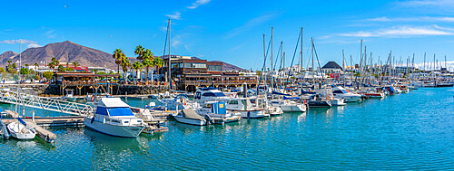 View of restaurant and boats in Rubicon Marina, Playa Blanca, Lanzarote, Canary Islands, Spain, Atlantic, Europe