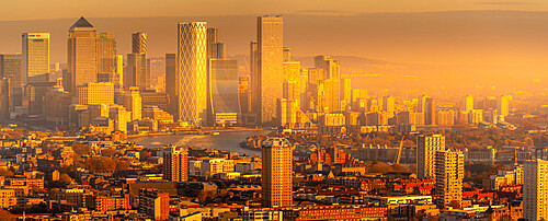 Panoramic view of Canary Wharf at golden hour from the Principal Tower, London, England, United Kingdom, Europe