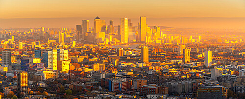 Panoramic view of Canary Wharf at golden hour from the Principal Tower, London, England, United Kingdom, Europe