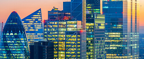 View of City of London skyscrapers at dusk from the Principal Tower, London, England, United Kingdom, Europe