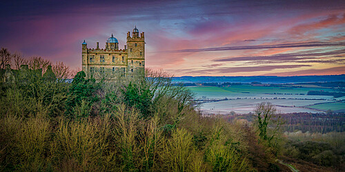 View of Bolsover Castle and morning red sky, Bolsover, Derbyshire, England, United Kingdom, Europe