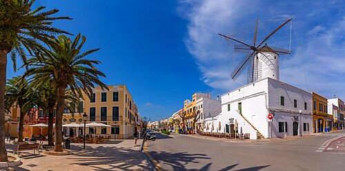 View of windmill and restaurant in historic centre, Ciutadella, Memorca, Balearic Islands, Spain, Europe