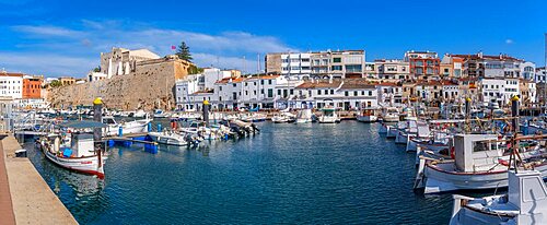 View of boats in marina overlooed by white waashed housses, Ciutadella, Memorca, Balearic Islands, Spain, Europe