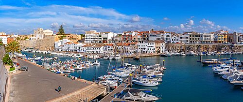 View of boats in marina and white waashed housses from elevated position, Ciutadella, Memorca, Balearic Islands, Spain, Europe