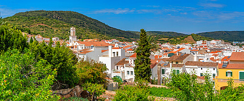 View of Sant Bartomeu de Ferreries and rooftops from elevated position, Ferreries, Menorca, Balearic Islands, Spain, Mediterranean, Europe