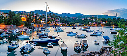 View of boats in the harbour at Ika at dusk, Ika, Kvarner Bay, Eastern Istria, Croatia, Europe