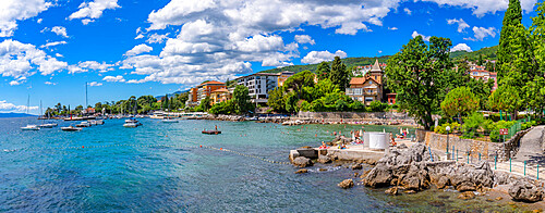 View of hotels and Adriatic Sea near Opatija, Kvarner Bay, Eastern Istria, Croatia, Europe