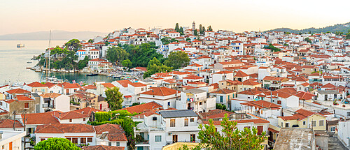 View of Skiathos Town from St. Nicholas Church at sunset, Skiathos Island, Sporades Islands, Greek Islands, Greece, Europe