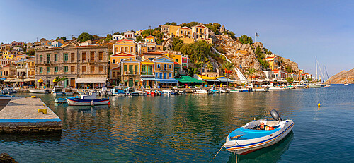 View of boats in harbour in Symi Town, Symi Island, Dodecanese, Greek Islands, Greece, Europe