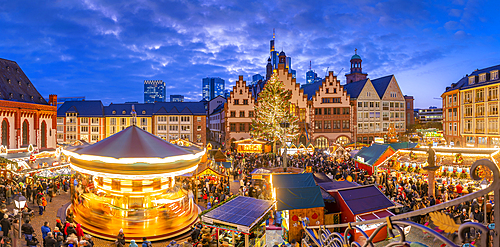 View of Christmas Market on Roemerberg Square from elevated position at dusk, Frankfurt am Main, Hesse, Germany, Europe