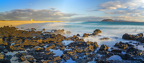 View of beach and the Atlantic Ocean at sunrise, Corralejo Natural Park, Fuerteventura, Canary Islands, Spain, Atlantic, Europe