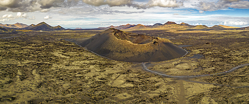 Aerial view of El Cuervo Volcano, Timanfaya National Park, Lanzarote, Las Palmas, Canary Islands, Spain, Atlantic, Europe