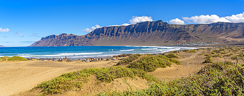 View of landscape and Playa de Famara beach, Caleta de Famara, Caleta de Famara, Lanzarote, Las Palmas, Canary Islands, Spain, Atlantic, Europe