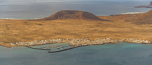 Panoramic view of La Graciosa Island with Caleta del Sebo town from Mirador del Rio, Lanzarote, Las Palmas, Canary Islands, Spain, Atlantic, Europe