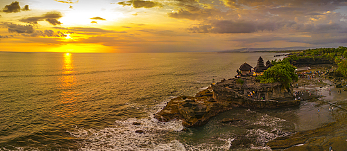 Aerial view of Tanah Lot Temple at sunset, Beraban, Kediri, Bali, Indonesia, South East Asia, Asia