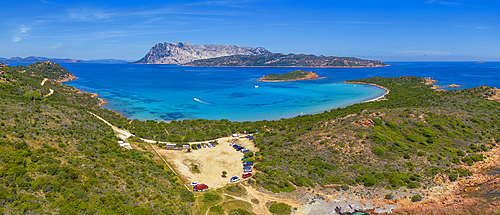 Aerial view of Capo Coda Cavallo and Isola Di Tavolara in the background, Olbia, Sardinia, Italy, Mediterranean, Europe