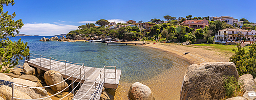 View of beach and whitewashed villas of Porto Rafael, Sardinia, Italy, Mediterranean, Europe