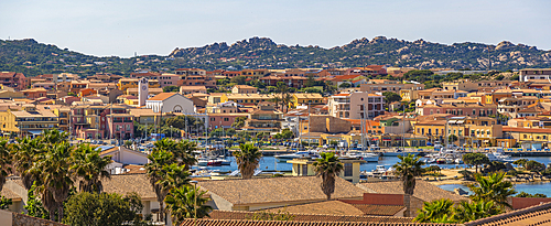 Elevated view of Church of Our Lady of Grace and Palau town, Palau, Sardinia, Italy, Mediterranean, Europe