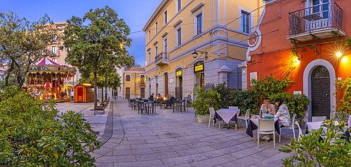 View of restaurant on Piazza Matteotti at dusk, Olbia, Sardinia, Italy, Mediterranean, Europe