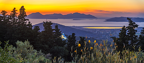 View of Kos Island and Greek Orthodox church from Zia Sunset View at sunset, Zia Village, Kos Town, Kos, Dodecanese, Greek Islands, Greece, Europe