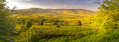 View of landscape toward Edale village in spring, Derbyshire Dales, Peak District National Park, Derbyshire, England, United Kingdom, Europe