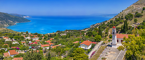 Aerial view of coastline near Zola, Kefalonia, Ionian Islands, Greek Islands, Greece, Europe