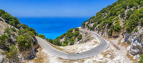 Aerial view of coastline near Zola, Kefalonia, Ionian Islands, Greek Islands, Greece, Europe