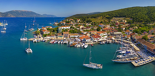 Aerial view of coastline near Zola, Kefalonia, Ionian Islands, Greek Islands, Greece, Europe