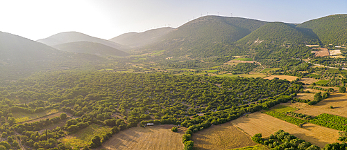 Aerial view of landscape and hills near Chaliotata, Kefalonia, Ionian Islands, Greek Islands, Greece, Europe